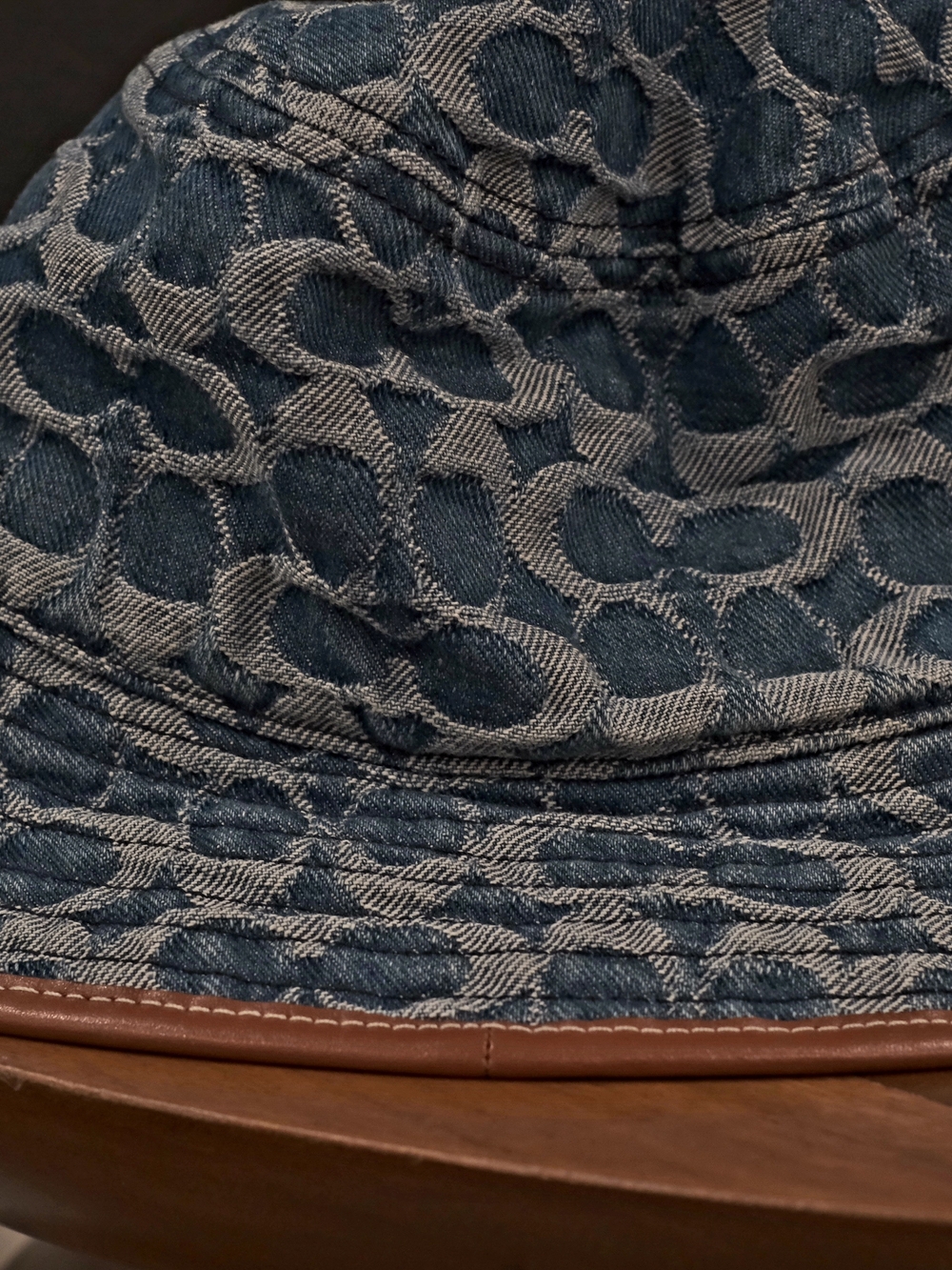 Coach Blue Denim Logo Bucket Hat with Brown Trim
